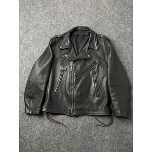 Mens Brander Black Leather Motorcycle Jacket Scovill Zipper, Size L / 42